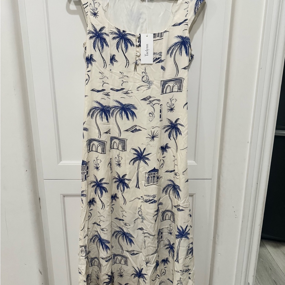 Blue and White Sleeveless Maxi Sundress